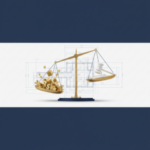 Abstrakcyjna ilustracja przedstawiająca złotą, przechyloną szalę wagi na tle schematów architektonicznych.